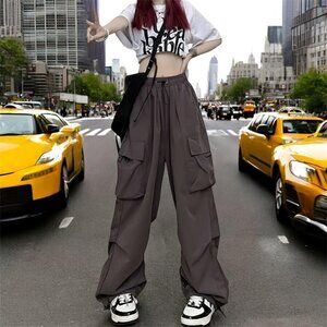 🩶 Grey wide leg drawstring cargo pants, Size large, Brand New